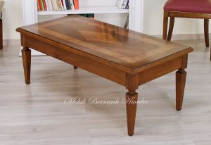 Rectangular living room coffee table in classic style solid walnut with olive wood inlays and drawer